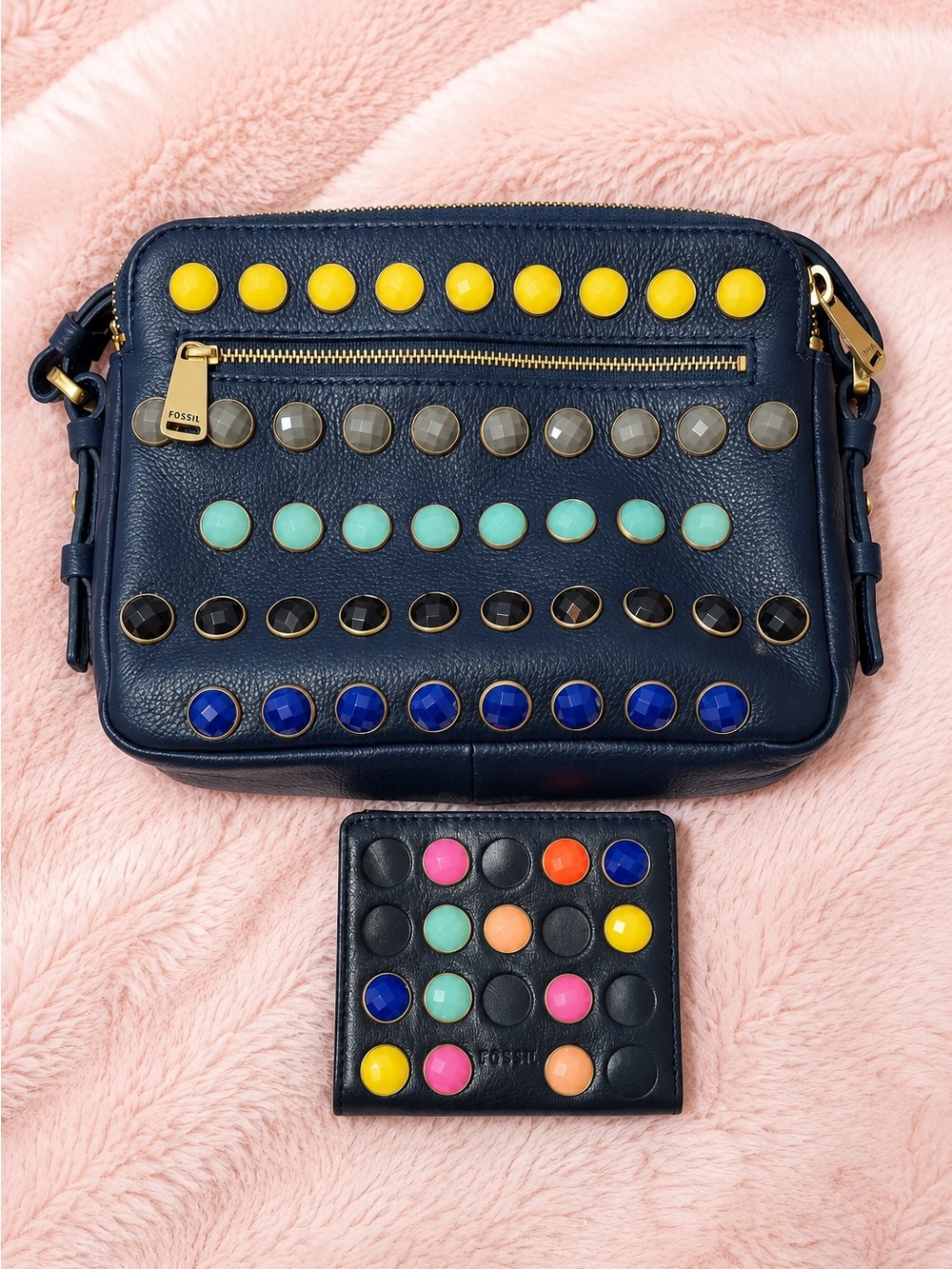 Fossil Navy Leather Crossbody with Multicolor Stud Details